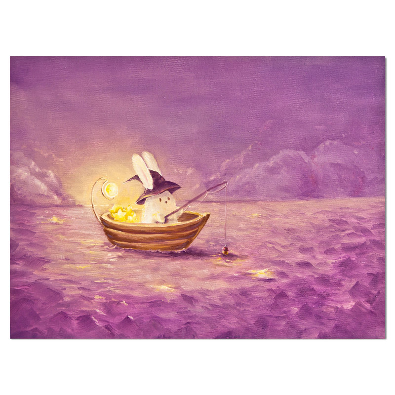 « lapin intercepte des étoiles », peinture, H 30 po x l 40 po x P 1,5 po, Toile tendue