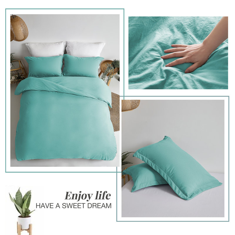Solayne Washed Microfiber Duvet Cover Set, Soft Bedding with Zipper Closure and Corner Ties, Turquoise