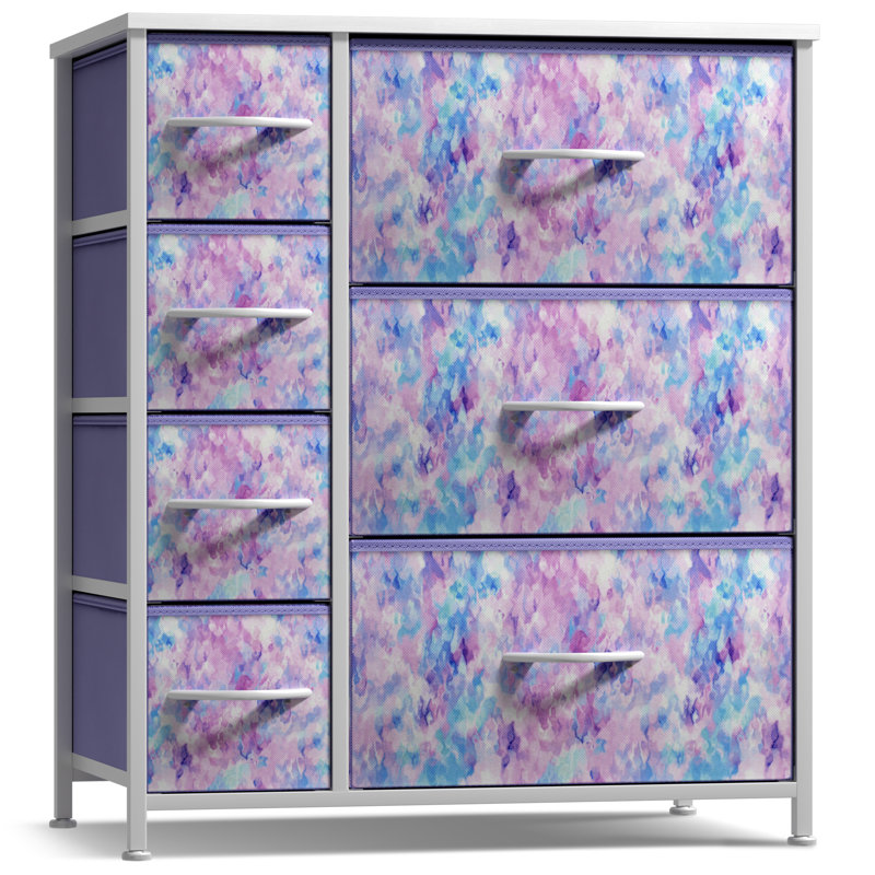 Commode 7 tiroirs Sorbus, Teinture par nouage bleue / rose / mauve