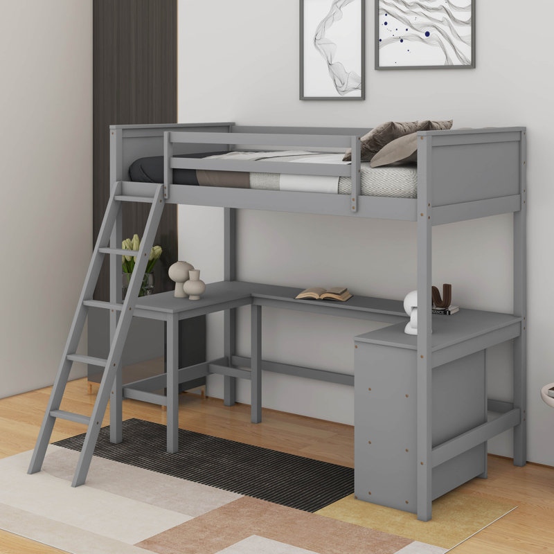 Lit mezzanine simple avec tablettes et bureau, Gris