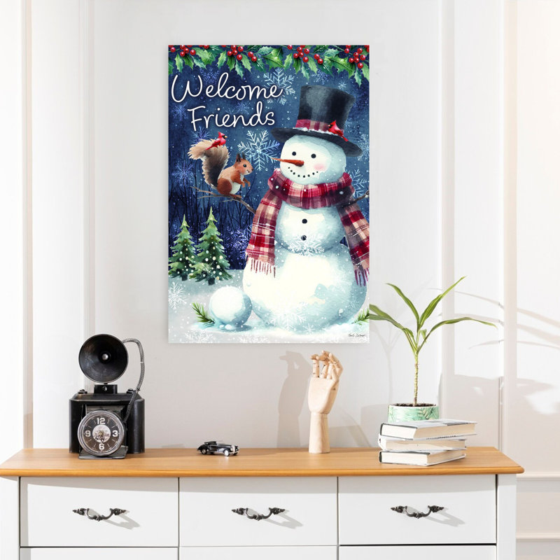 «Welcome Friends» bonhomme de neige fantaisiste, arbre de Noël contemporain, écureuil, forêt d'hiver, art, H 24 po x l 16 po