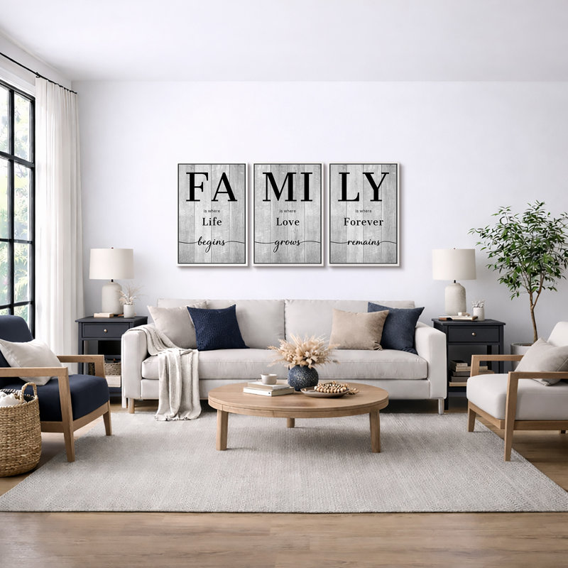 «Family Family Artwork», typographie moderne, photos de chambre, impression sur toile encadrée, 3 pièces, Noir, Cadre noir