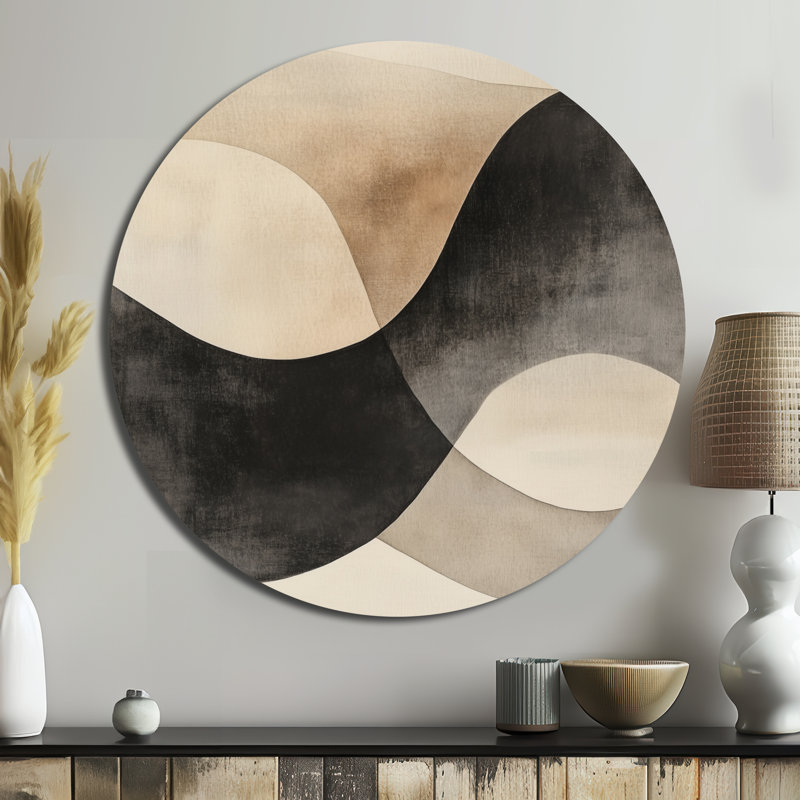 «Black Minimal Curves - Abstract Shapes Large Round», art mural en métal, L 36 po x H 36 po
