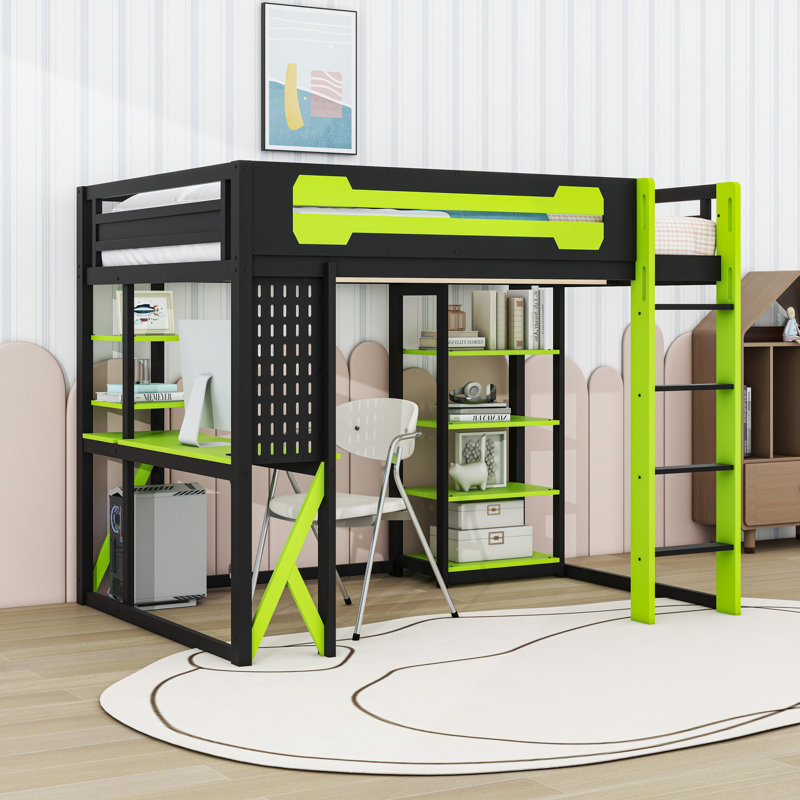 Full Size Wooden Gaming Loft Bed with RGB Lighting and Versatile Study Hub,Desk, Black Green