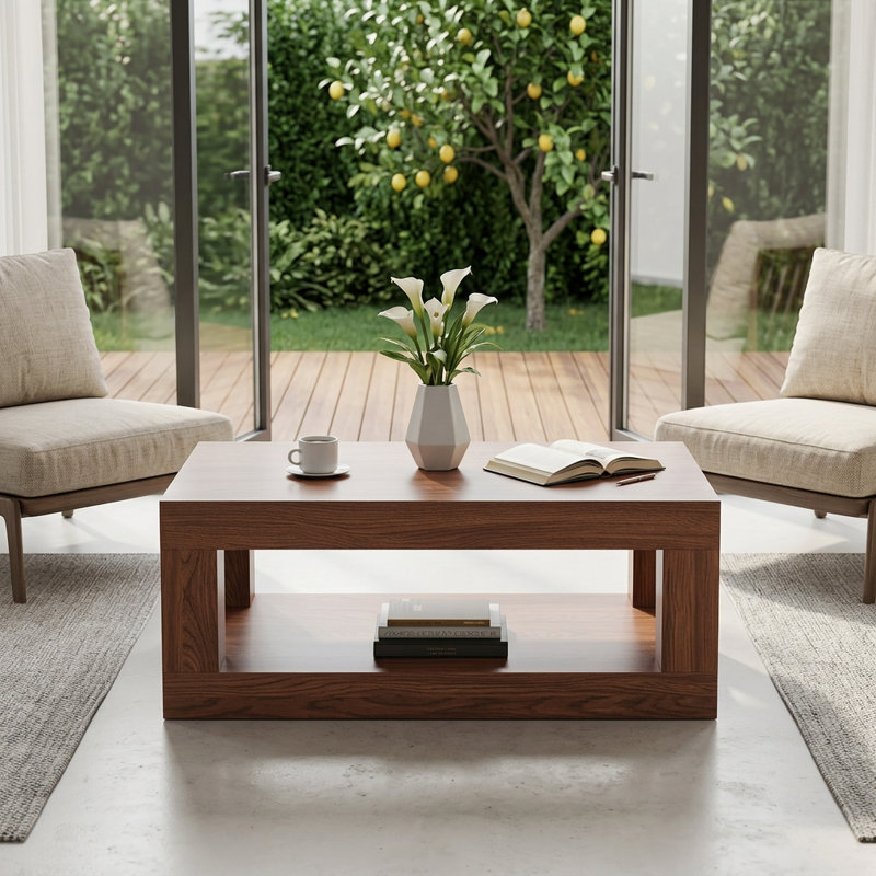 Contemporary Two-Tier Rectangular Coffee Table with Open Shelf Storage, Crafted from Durable Engineered Wood
