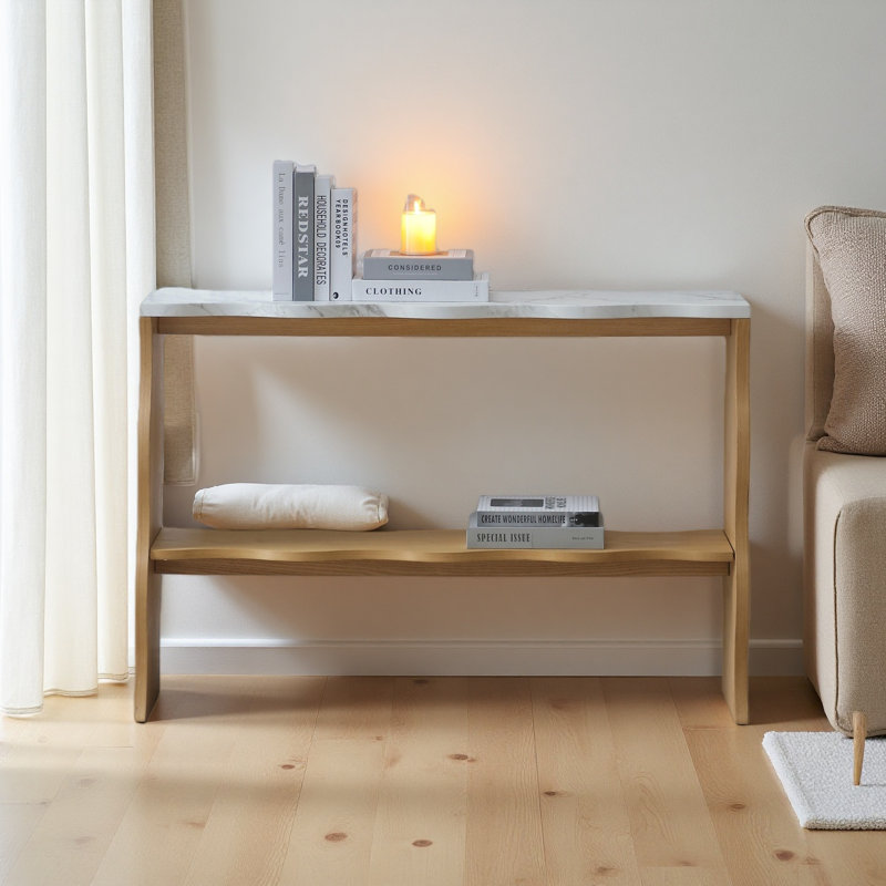 Console moderne 47,24 po Whisper Of Waves avec plateau en marbre blanc, canapé en placage de bois massif avec tablette de rangement ouverte, table d'entrée pour le salon