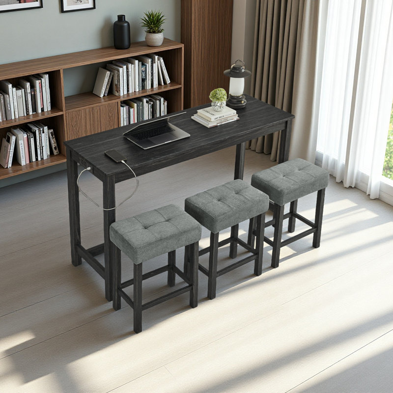 59 Inch Bar Table, Dining Table, Sofa Table With Power Outlet, 3 Upholstered Stools, 4 Piece Bar Table And Chair Set For Living Room