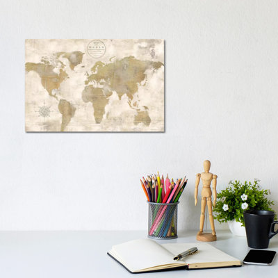 Rustic World Map Cream No Words by Marie Elaine Cusson - Wrapped Canvas Print