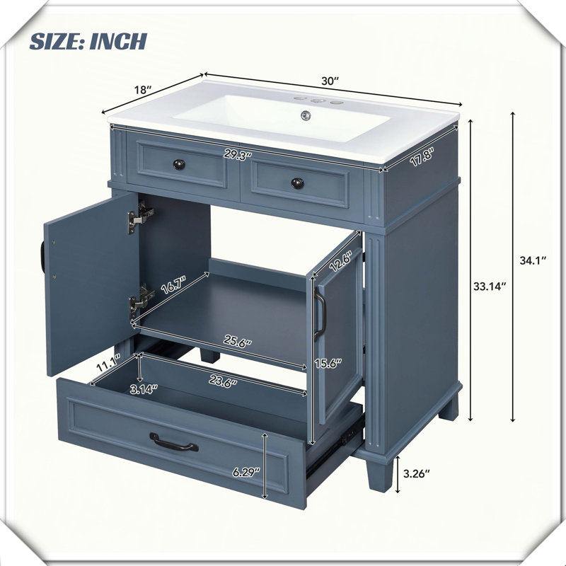 Meuble-lavabo en bois massif rétro avec lavabo en céramique, Bleu