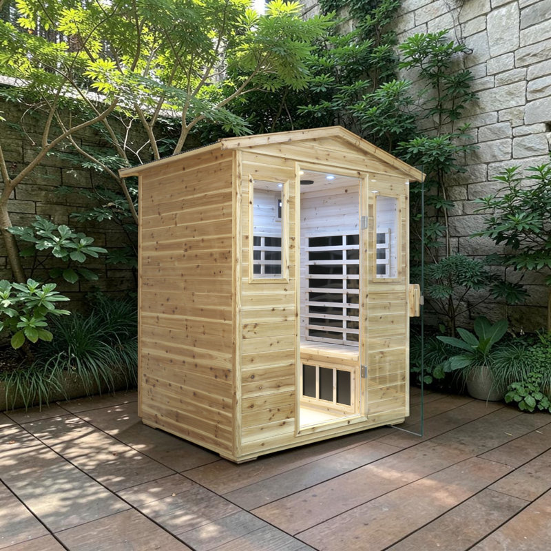 KISRAIS Outdoor Sauna, 4 Person Low EMF 8 Heaters Far Infrared Sauna with Chromotherapy Lights, Reading Lights, RLT & NIR Light, Bluetooth Speakers, Folding Table | Personal Indoor/Outdoor Dry Heat Sauna – Made from Canadian Old Fir