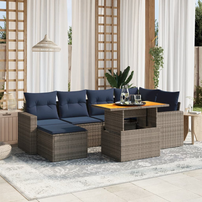  Ensemble de canapé de patio 7 pièces avec coussins en rotin de polyester, Gris, Bleu