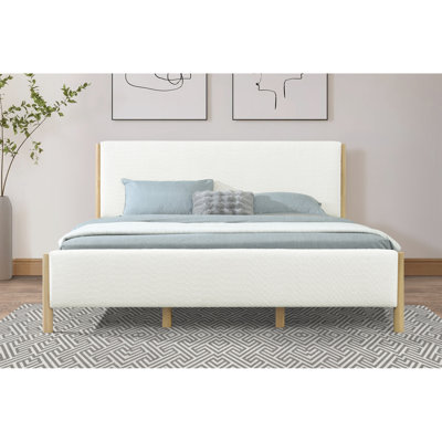 King Size Modern White Boucle Bed, Soft Textured Surface, Engineered Wood And Rubberwood Legs Bed With Upholstery, Base, For Long - Term Use