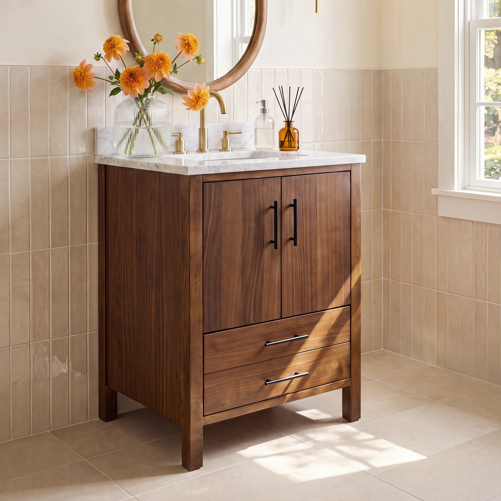 Kiara 24" Carrara Marble Single Bathroom Vanity, Walnut, Carrara Marble