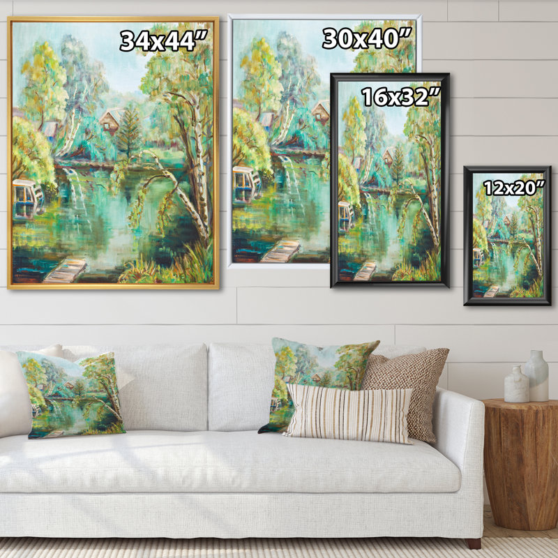 Étang vert en été - Peinture sur toile, H 32 po x l 24 po, Toile avec cadre en érable