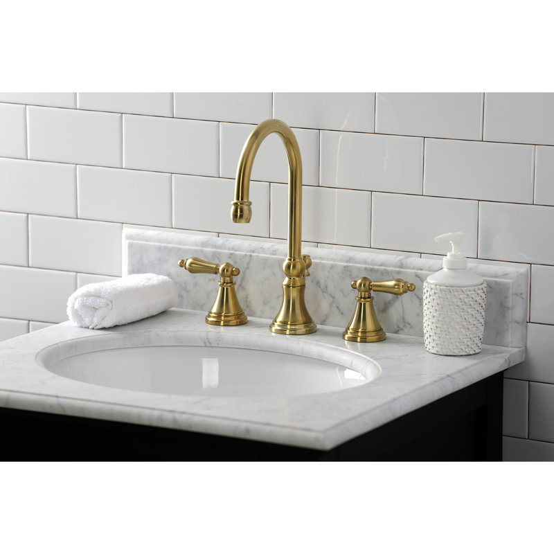 Kingston Brass Governor Two-Handle 3-Hole Deck Mount Widespread Bathroom Faucet with Brass Pop-Up Drain, Satin Brass
