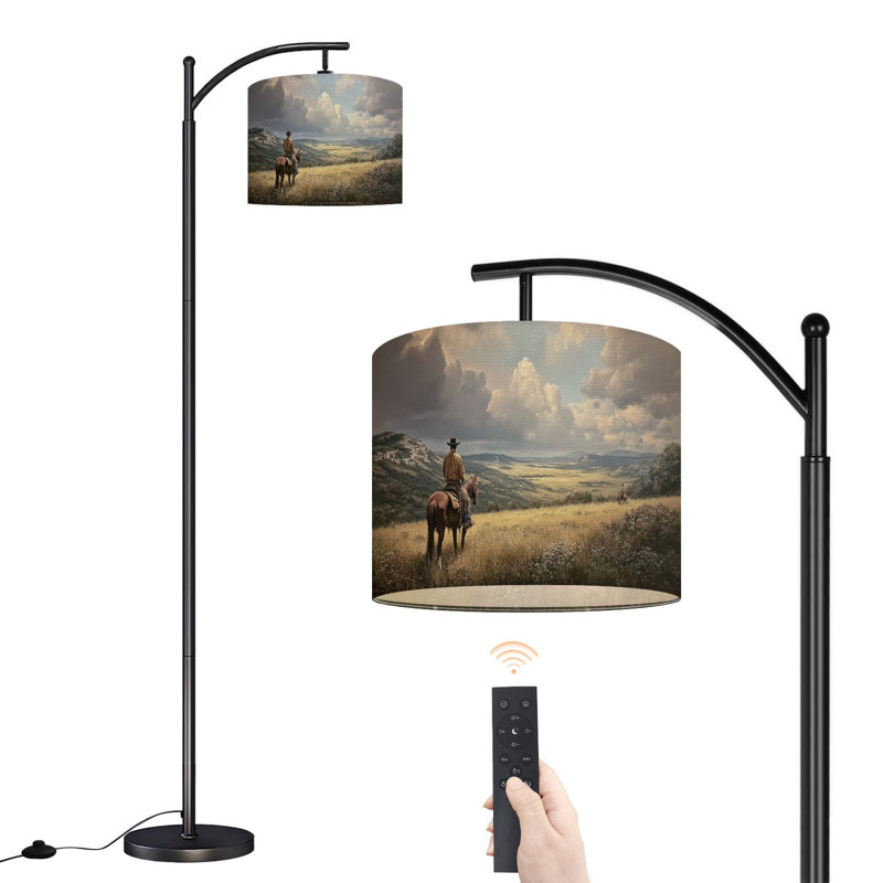 Lampe sur pied à arc avec abat-jour réglable éclectique rétro Western Cowboy rétro paysage d'huile lampe sur pied rustique 3 couleurs de température à intensité variable avec poteau pour interrupteur au pied