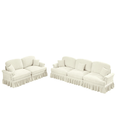 Beige White 3 Seater And 2 - Seat , Classic Modular Design With Flared Arms, Removable Skirts, Spindle Legs, Chenille, Multiple Formats Available In White, Couch For Living Room Soft Layout