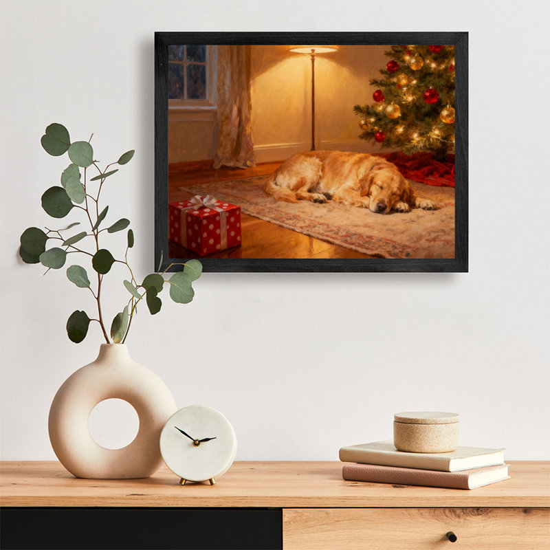 Noir rétro encadré noir - Chiens gardant des cadeaux, art mural, impressions de style rétro, H 25 po x l 37 po