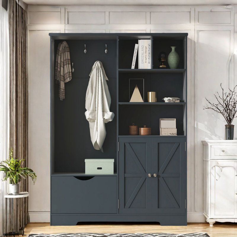 Okan Multi-functional Hall Tree with Storage Shelves Drawers and Cabinet with Bench, Antique Blue
