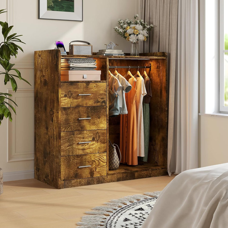 Garde-robe brune à 4 tiroirs, support suspendu, lumières DEL, station de charge, tablettes, rangement dans la chambre à coucher