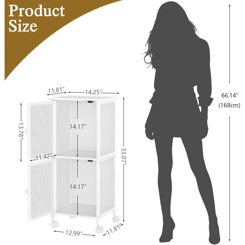 Armoire de rangement mince et roulante avec roulettes verrouillables, étagère étroite à 3 niveaux avec portes grillagées en métal pour la salle de bain, la cuisine et l'organisation de la salle de lavage dans les petits espaces