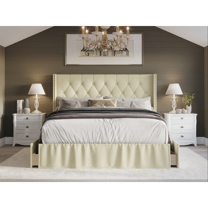 Javionte Upholstered Wingback Storage Bed, Full, Beige