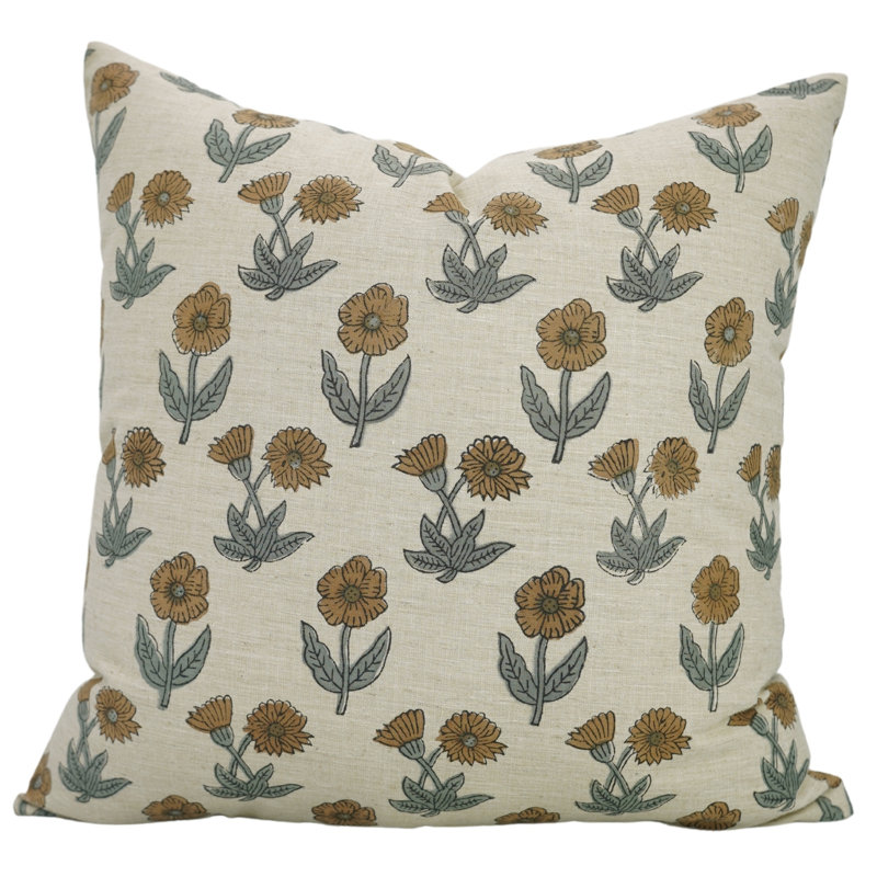 Artisan Floral Block Print Cushion Cover Boho Style Decorative Pillowcase for Living Room & Bedroom, Brown/Gray Floral