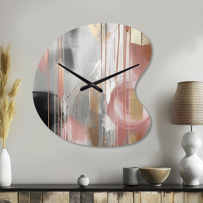 Bibee Pink Gold Circle Complexity - Transitional Shapes Asymmetrical Metal Clocks, Pink Irregular Shape Metal Wall Clock Print
