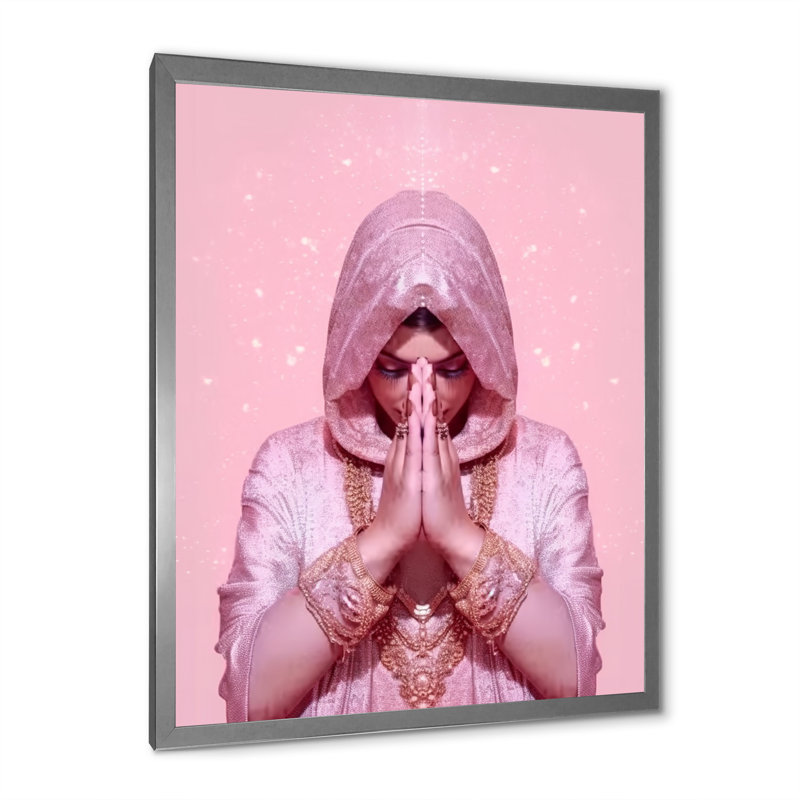 «Namaste Mudra Retro Pink Glam Woman» sur impression sur toile, H 32 po x l 16 po x P 1 po, Cadre simple argenté