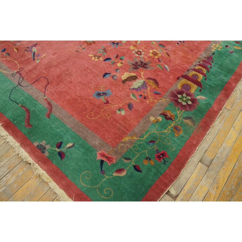 Coral / Salmon Pink Rectangle Hand Knotted Pile 1920s Wool Antique Rug