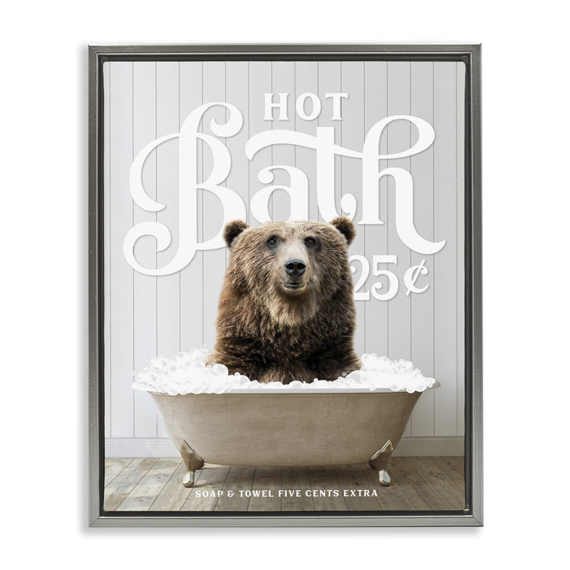 «Vintage Bathroom Bear», art mural encadré flottant par lettrage et doublure, Cadre flottant gris lustré