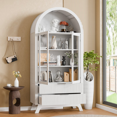 73" Tall Arched Storage Cabinet With Glass Doors & Louvered Drawers, Vintage Brown Display Cabinet With Metal Handles For Living Room Or Study by ChicFurnit