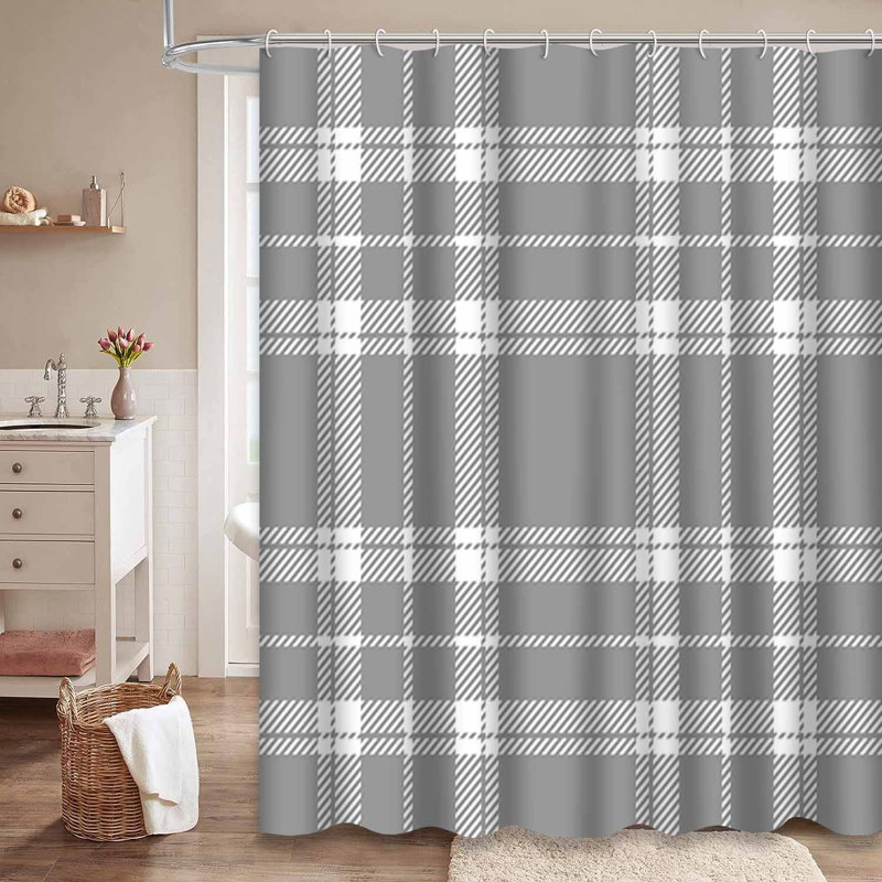 Rideau de douche blanc à carreaux gris avec 12 crochets, L 72 po x l 84 po