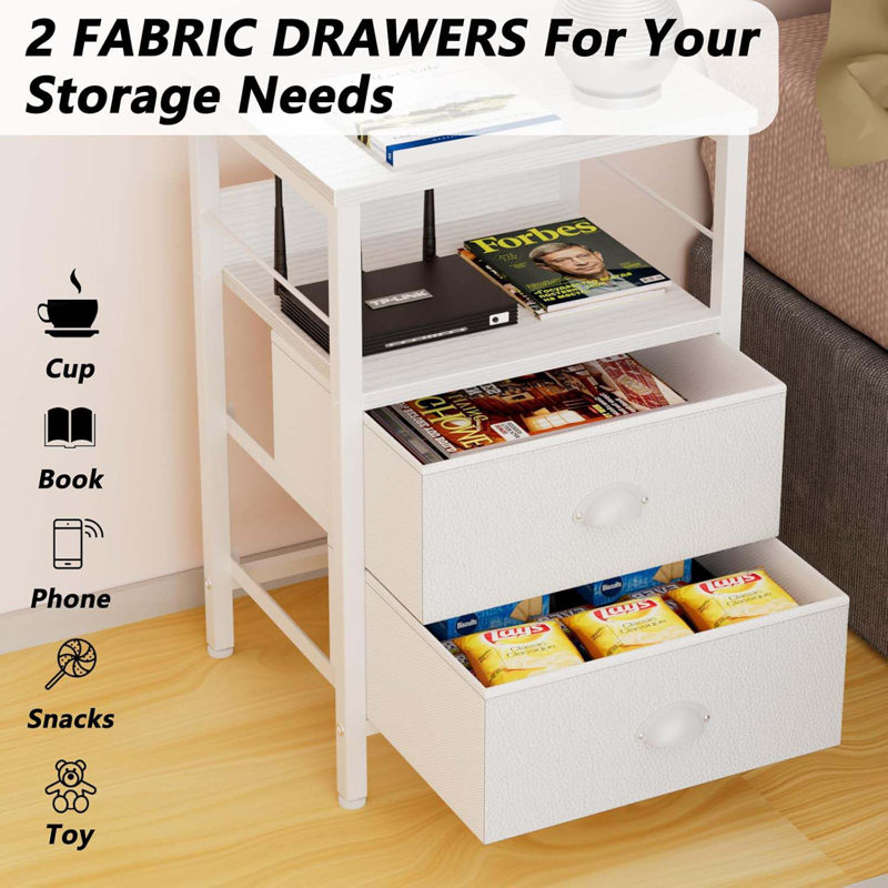 Nightstands Set 2, End Table With 2 Fabric Drawers, Bedside Table With 2 Hooks, Open Wood Shelf Side Sofa Table For Bedroom/Living Room/Hallway/White