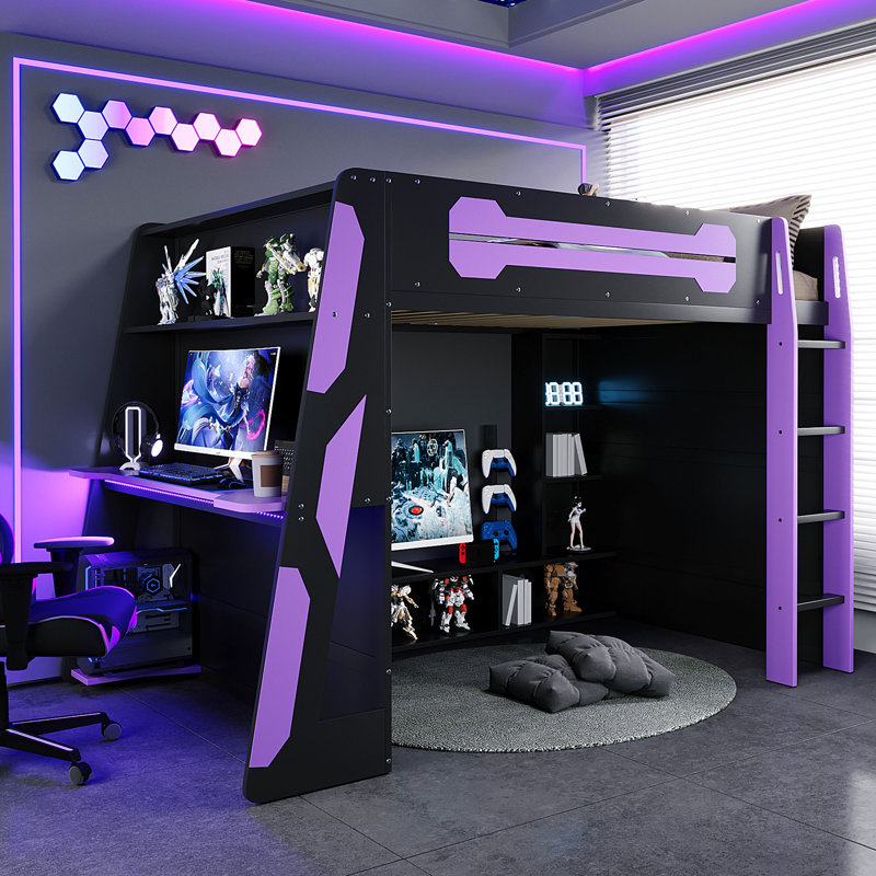Lit mezzanine double en bois avec bureau, tablettes, rangement, lumière RVB, peu encombrant, mauve, Full