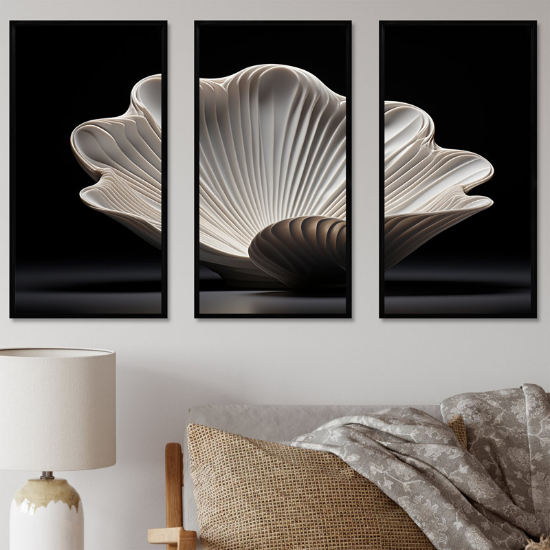 Ensemble de décorations murales monochromes palourdes gris anthracite, Cadre flottant noir, H 32 po x l 48 po x P 1 po
