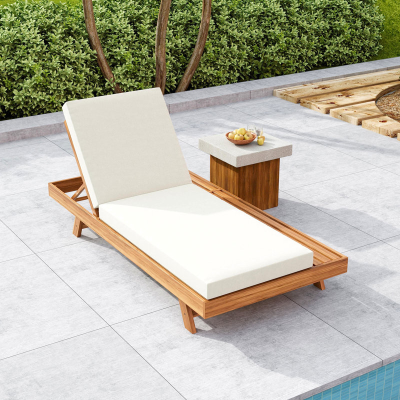 LOUNGE CHAISE SET, SPACE AVAILABLE ON ONE SIDE,ACACIA WOOD WITH WATER-RESISTANT LOUNGE CUSHIONS (CREAM & 4 INCH THICK) - MATCHING DARK GREY VERSION AVAILABLE