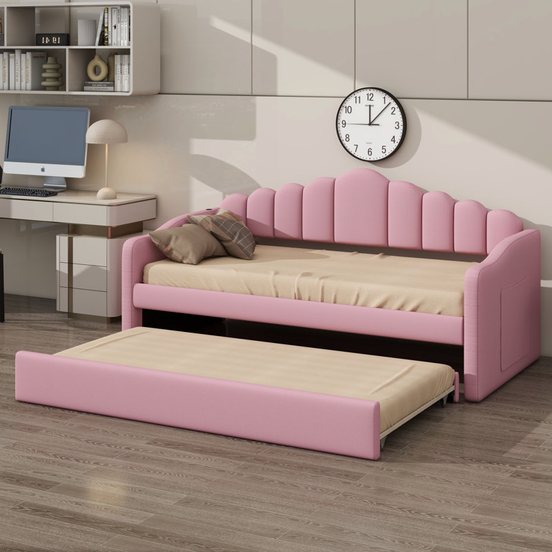 Multifunctional Twin Upholstered Daybed With Pull-Out Trundle And Built-In USB Charging, Pink