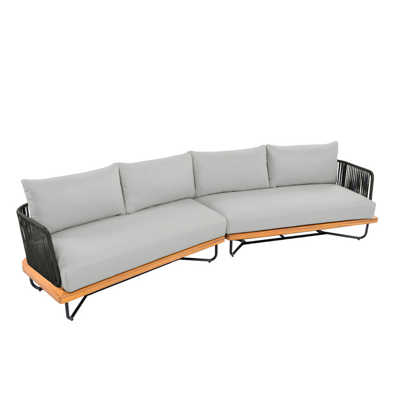 Canapé d'extérieur Jackston, Coussin gris / corde en teck noir, 4