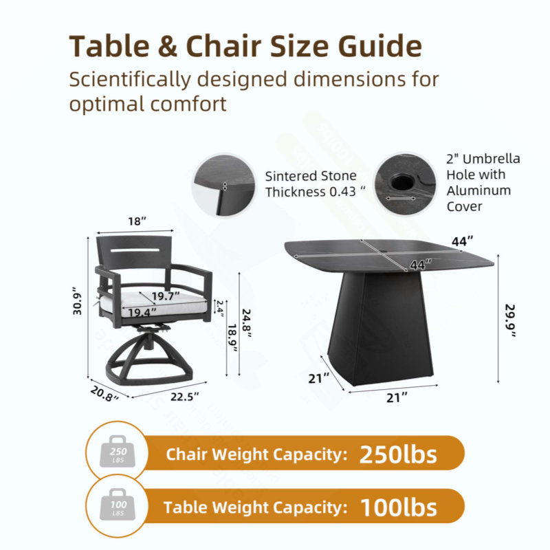 Ensemble de salle à manger à piédestal d'extérieur 5 pièces, table carrée en métal fritté arrondi avec base évasée et 4 chaises berçantes pivotantes, coussins Sunbrella, aluminium antirouille, résistant aux intempéries, pour patio ou terrasse