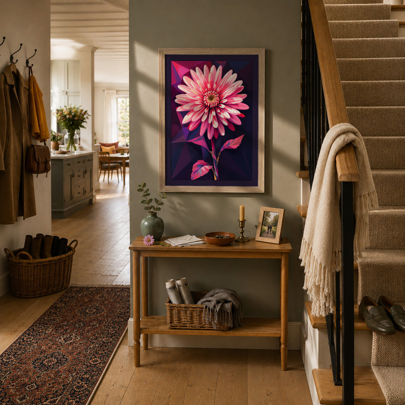 Pink Gerbera Geometric Botanical - Framed Print, A3 - 42.0 x 29.7 cm, Oak