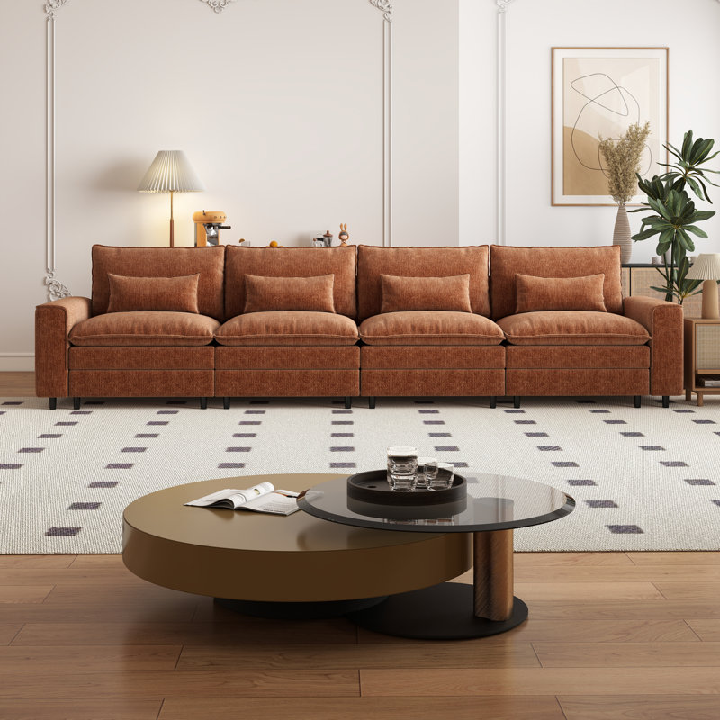Canapé modulaire moderne en chenille, Orange, H 39,37 po x l 158,27 po x P 35,83 po, 4