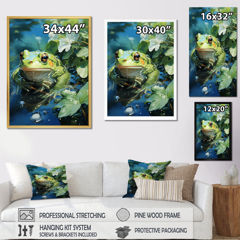 «Cute Frog Portrait at the Pond IV», reproduction sur toile, Cadre simple noir, H 32 po x l 16 po x P 1 po
