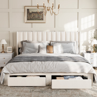 King Size Bed Frame, Velvet Upholstered Bed Frame with Wingback Headboard, 2 Storage Drawers, No Box Spring Needed, White