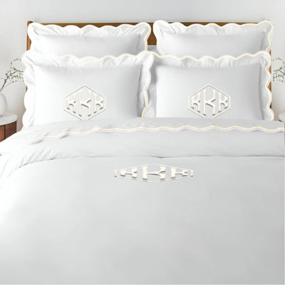 Monogram 400TC Cotton Scallop Embroidery Sateen Solid Duvet Cover Set