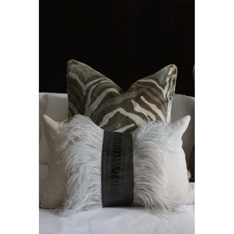 Linen Lumbar Pillow with Ostrich Feather Trim, Natural Linen/Gray Ostrich Feather