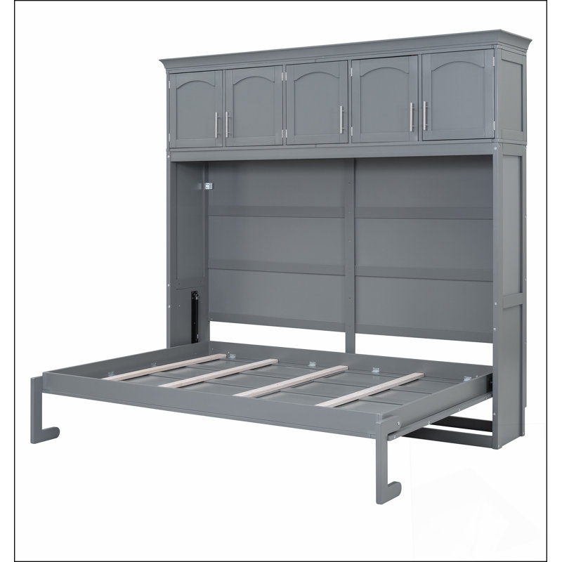 Grand lit escamotable mural avec armoires supérieures, gris, Grey, Grand lit