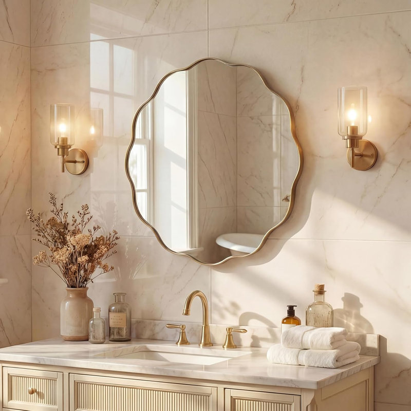 Miroir de salle de bain Contemporary Cadre en acier inoxydable, Or brossé, 24 po x 24 po