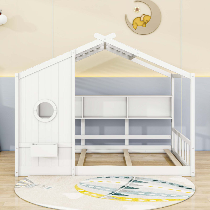 Lit sur pied avec tablette de rangement, Double, Blanc