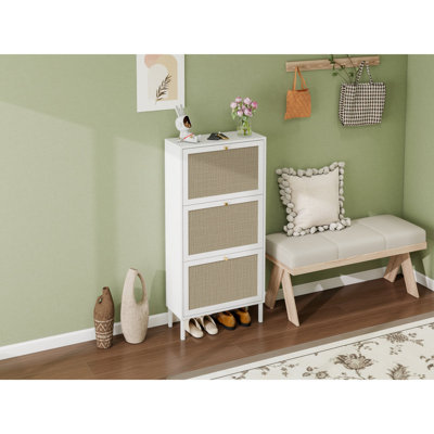 Rattan 3 Door Shoe Rack, Freestanding Modern Shoe Storage Cabinet, For Entryway